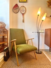 Fauteuil vintage années 50/60 en lainage vert et pieds compas