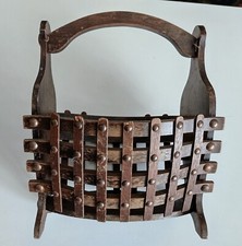 UNIQUE French or Swiss Curved Wood + Iron Studs Picnic Storage Basket Folk Art