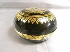 🇫🇷 ANCIENNE BOITE RONDE POUDRIER BOIS LAQUE NOIR ET  OR