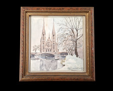 Tableau aquarelle Strasbourg Eglise Saint-Paul sous la neige Jean-Paul Ehrismann