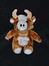 Peluche doudou poupée vache taureau CEAN TOYS blanc brun 20 cm assis TTBE