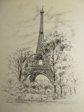 Jean FRÉLAUT (1879-1954) GRAVURE ORIGINALE TOUR EIFFEL CHAMP de MARS PARIS 1947