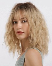 Perruque Synthétique Blond Doré À Frange Cheveux Court Bouclé Ondulé Neuf Mode