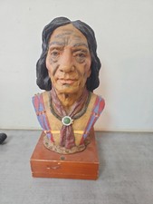 Buste amérindien vintage en résine peinte sur socle bois – décoration western –