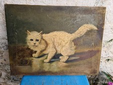 Rare Tableau  Ancien , Peinture  Chat Escargot Signé,  Un Accroc 