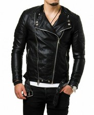 Blouson souple homme cuir d'agneau naturel noir veste moto motard vintage