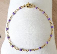 Bracelet perles résine Violet acier inoxydable or artinal fait main femme 18cm