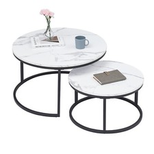 2x Table Basse Ronde Dessus de Table Marbre Blanc et Cadre en Métal Noir 80/60CM