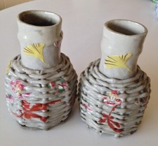 2 Anciennes Bouteilles Saké tokkuri Grés Japon signé Etiquette Maison RAGOT 