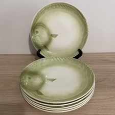 SERIE de 6 ASSIETTES A POISSON FAIENCE BARBOTINE ORCHIES MOULIN DES LOUPS