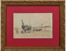 Eugène BOUDIN - Dessin original – Aquarelle double face.   Scène de bord de mer.