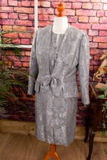 Vintage Paillettes Costume Argent Robe Fourreau + Veste Mère de la Mariée 42
