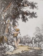 Estampe berger jouant de la