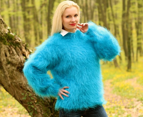 Blue fuzzy mohair sweater - , hand
