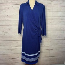 The Limited Blue Geometric Border Stretch Jersey Knit Wrap Dress, Sz. L