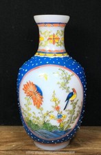 7.2"Qing Qianlong marqué glaçure sculpture fleur pie oiseau motif Vase bouteille
