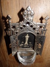 ANCIEN TRIPTYQUE RELIGIEUX DE VOYAGE MURAL EN METAL BENITIER CHROMO A LA VIERGE