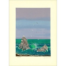 LA GIRAUDIERE Mady de - "Vagues bretonnes" Lithographie originale - 64x47cm