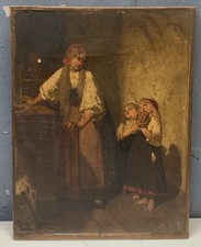 Tableau Ancien Huile Scène Intérieur Cuisine Portrait Mère Isidore Patois XIXe