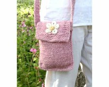 Hand Knitted Flower Bag, Crochet Handle, Cross Body Bag, Phone Bag.