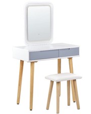 Coiffeuse Blanc et Gris en Bois 2 Tiroirs Miroir à LED et Tabouret Scandinave Di