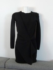 ? Robe Noir Droite Bi Matière avec Drapé à Manches Longues- Taille 34- IKKS