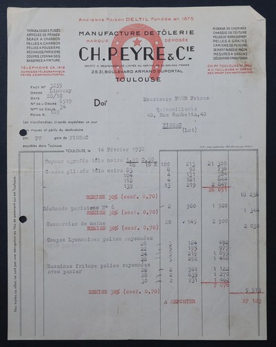 Facture toulouse 1952 - toulouse,
