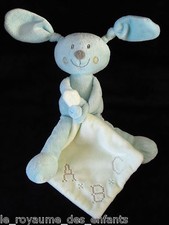 Doudou Lapin Chien bleu avec mouchoir blanc écru ABC Pommette 23 cm Intermarché