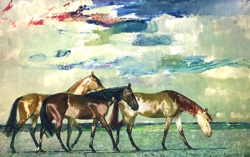Chevaux pâturage huile - au,