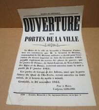 VILLE DE GRENOBLE affiche ouverture des portes de la ville 1863
