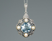 935 Argent - Pendentif Art Déco Antique - Aquamarine Naturel - Perles Akoya