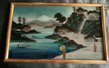 TABLEAU JAPON FIXE SOUS VERRE - Nacre - Village animé et mont Fuji - vers 1900