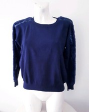 Pull chauve-souris bleu marine chic avec strass et fausse fourrure