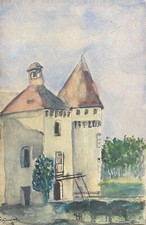 Coussac-Bonneval pont-levis  du château Haute-Vienne aquarelle vers 1905