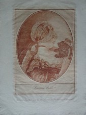 GRAVURE SEPIA XVIII° PORTRAIT FEMME CHIEN MODE MARIE ANTOINETTE COSTUME COIFFE