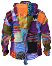Laine Bulle Tricot Patchwork Hippie Lutin Long Capuche Hiver Boho Veste Tricot