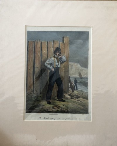 Lithographie matelot appuyé - lithographie,