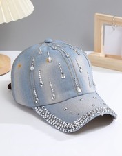 Casquette Avec Strass Déchiré Et Délavé En Jean Vintage Bleu Ciel Femme Homme