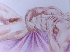 Dessin de nu masculin encre ORIGINAL. Dessin à l'encre bleue, minimalisme