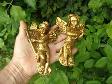 ANCIENNE PAIRE ANGELOTS MUSICIEN CHERUBIN PUTTI APPLIQUES DORES