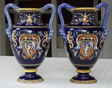 lot de 2 vases 28,5cm céramique faience Gien bleu Renaissance french earthenwar