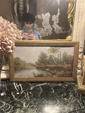 Huile sur Toile Ancienne Représentant Un Pêcheur Sur Une Pagode