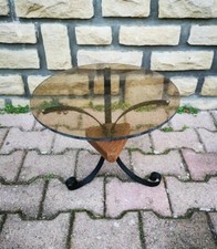 Vintage Années 1960 Petite Table Tripode Plateau Plexi Pieds Fer Forgé Bois