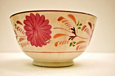 Vintage Main Peint Floral Spongeware Bol Rose Orange Vert Vernis 15.2x8.9cm