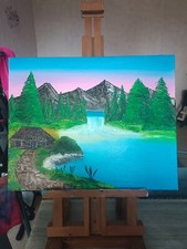 Peinture huile sur toile. Paysage montagne, coucher de soleil, cascade, cabane 