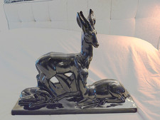 RARE CHARLES LEMEANCEAU CERAMIQUE GLACURE NOIRE ANTILOPE ET SES PETITS ART DECO