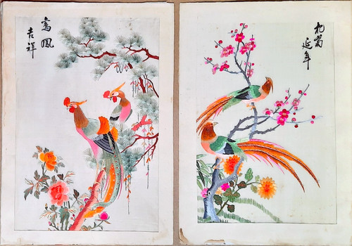 Paire broderies chinoises - , sur