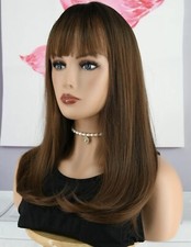 Perruque Femme Marron À Frange Cheveux Mi Long Droit Wig Synthétique +4 Bonnet