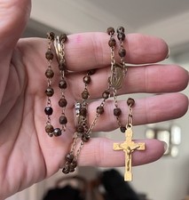 Antique French Rosary 16” Gold Plate Sterling Silver Prayer Brown Glass Beads