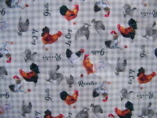 COUPON DE TISSU  POULES COQ FOND CARREAUX GRIS PERLE  - TIS 123/1